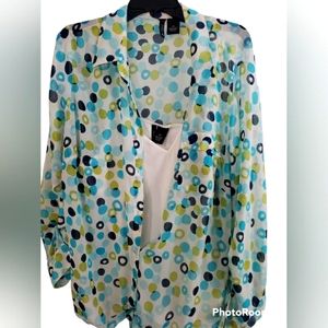 Gorgeous, Flirty, Lightweight White, Aqua, Navy and Green Polka Dot Blouse